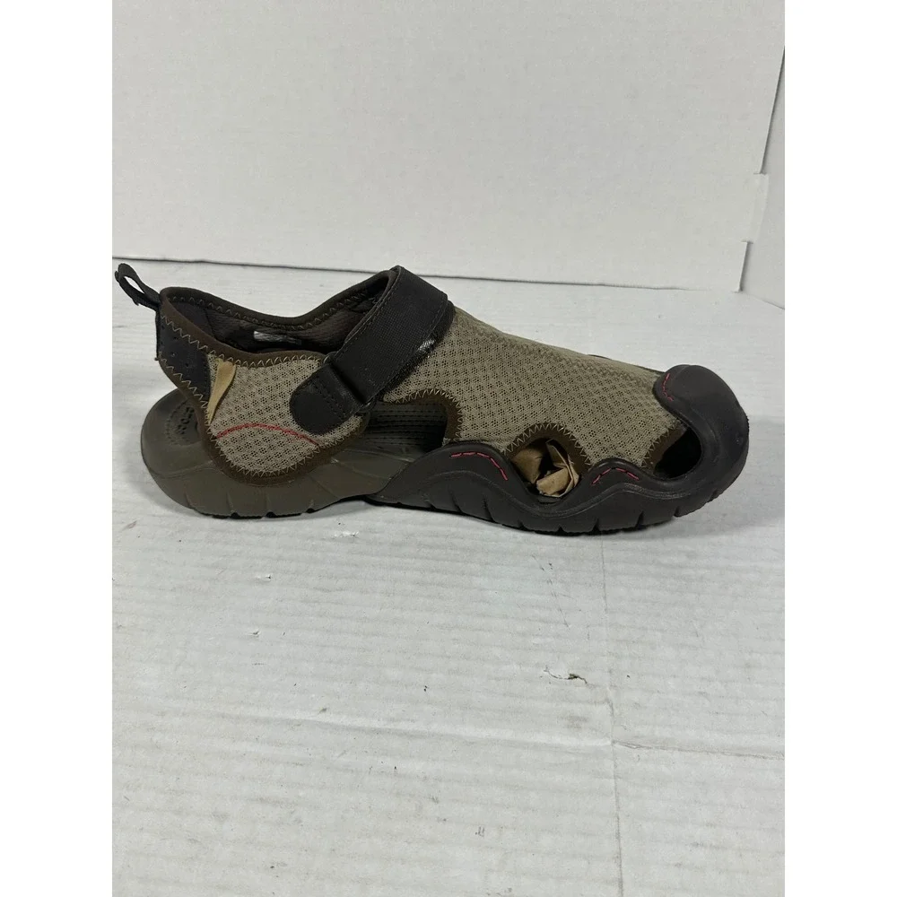 Crocs Swiftwater Mens 11 Fisherman Sandals Khaki Brown Mesh Water Shoes 15041